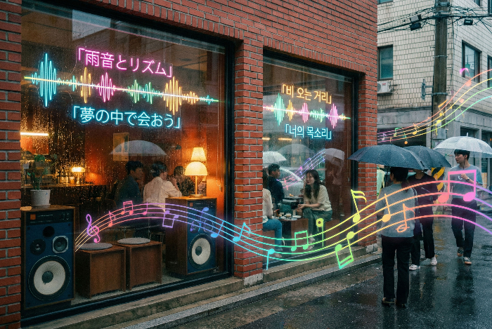 성수동 카페 거리의 BGM 트렌드와 J-POP 영향력을 시각화한 이미지.