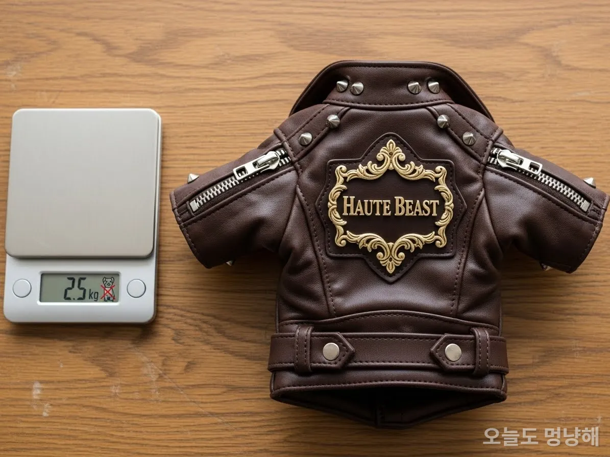 무겁고 뻣뻣한 소재의 명품 스타일 강아지 패딩이 저울 위에 올려져 있는 모습, 워스트 아이템 예시