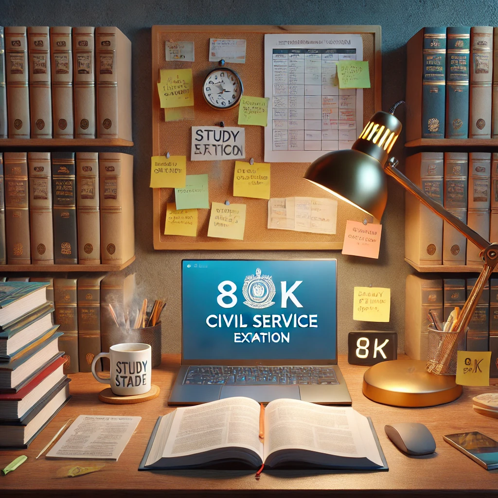 공무원 시험준비를 위한 각종 교재가 정리되어 있는 책상