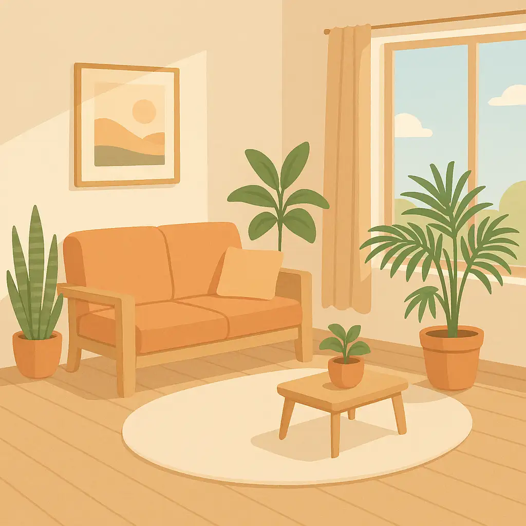 산세베리아와 아레카야자 등 다양한 공기정화식물이 배치되어 쾌적하고 심리적으로 안정감을 주는 밝은 실내 거실 공간의 모습