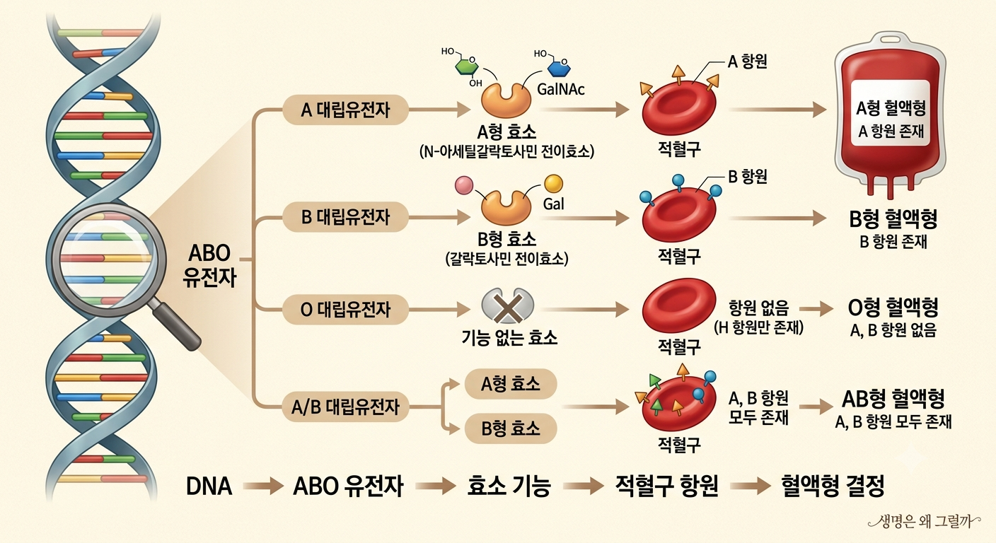 DNA → ABO 유전자 → 항원 → 혈액형으로 흐름을 보여주는 인포그래픽