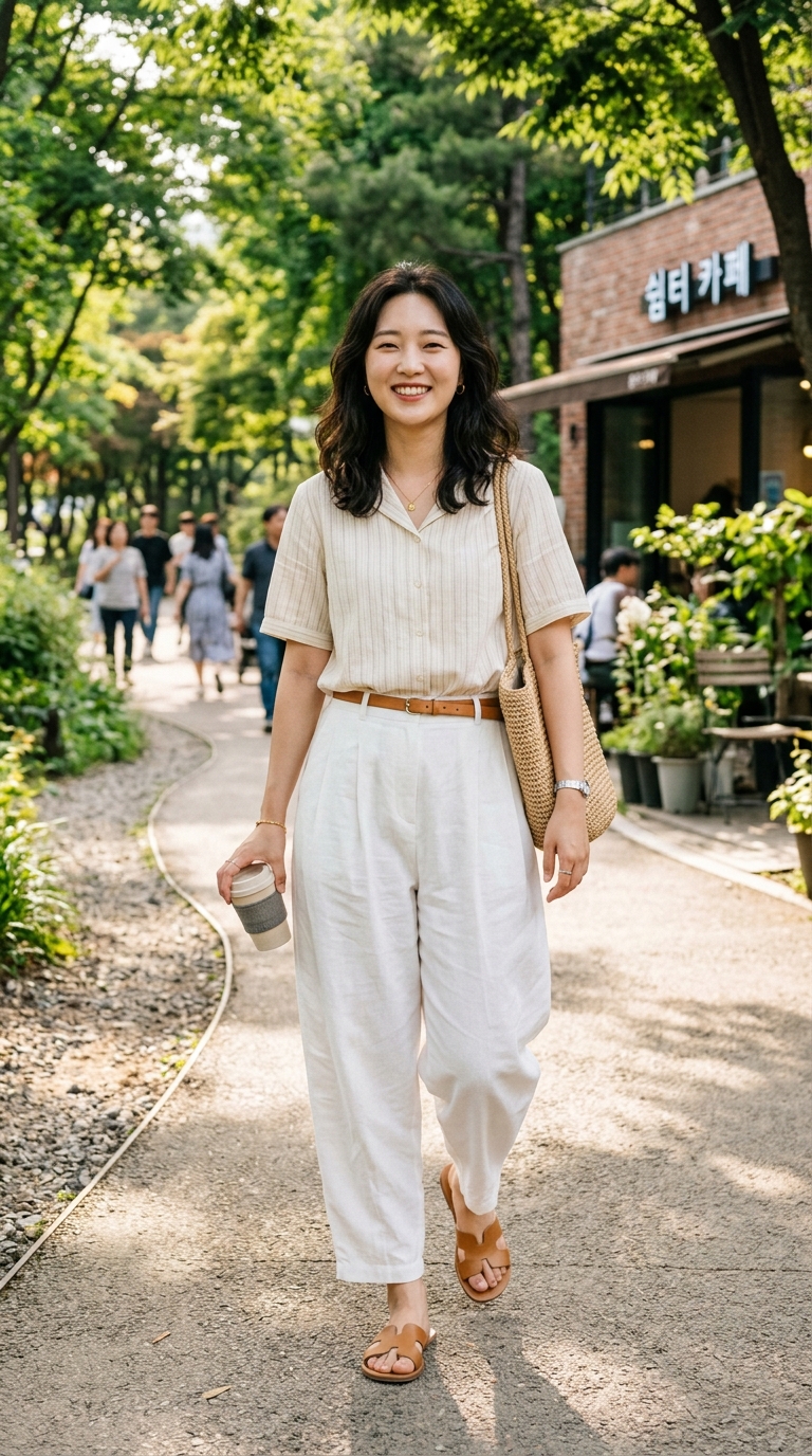 풍성한 볼륨감이 돋보이는 화이트 색상의 벌룬 팬츠 스타일링 이미지