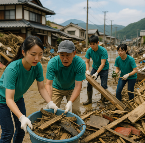 일본 자연재해 복구 현장에서 봉사활동 하는 모습입니다. 