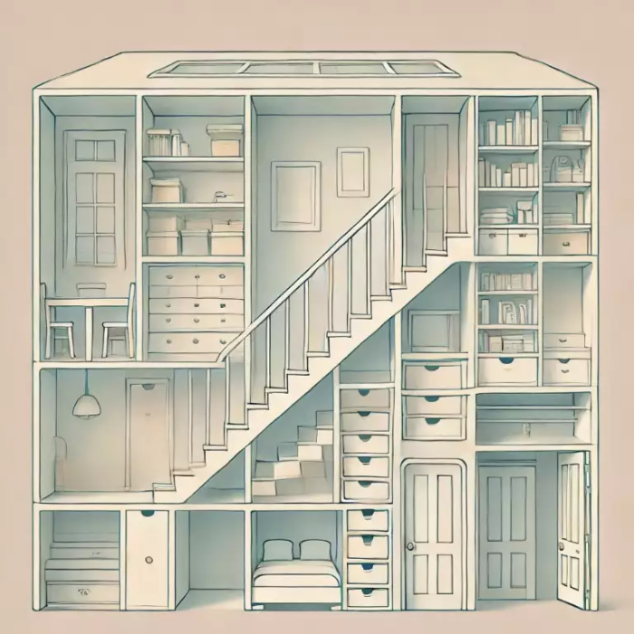 단 아래 서랍형 수납 공간, 문 주위의 빌트인 책장, 침대 아래 수납 칸 등 주택 내 숨은 공간을 활용한 창의적인 수납 아이디어를 보여주는 간단한 삽화. 부드러운 파스텔 톤과 깔끔한 선으로 효율적인 공간 활용을 강조.