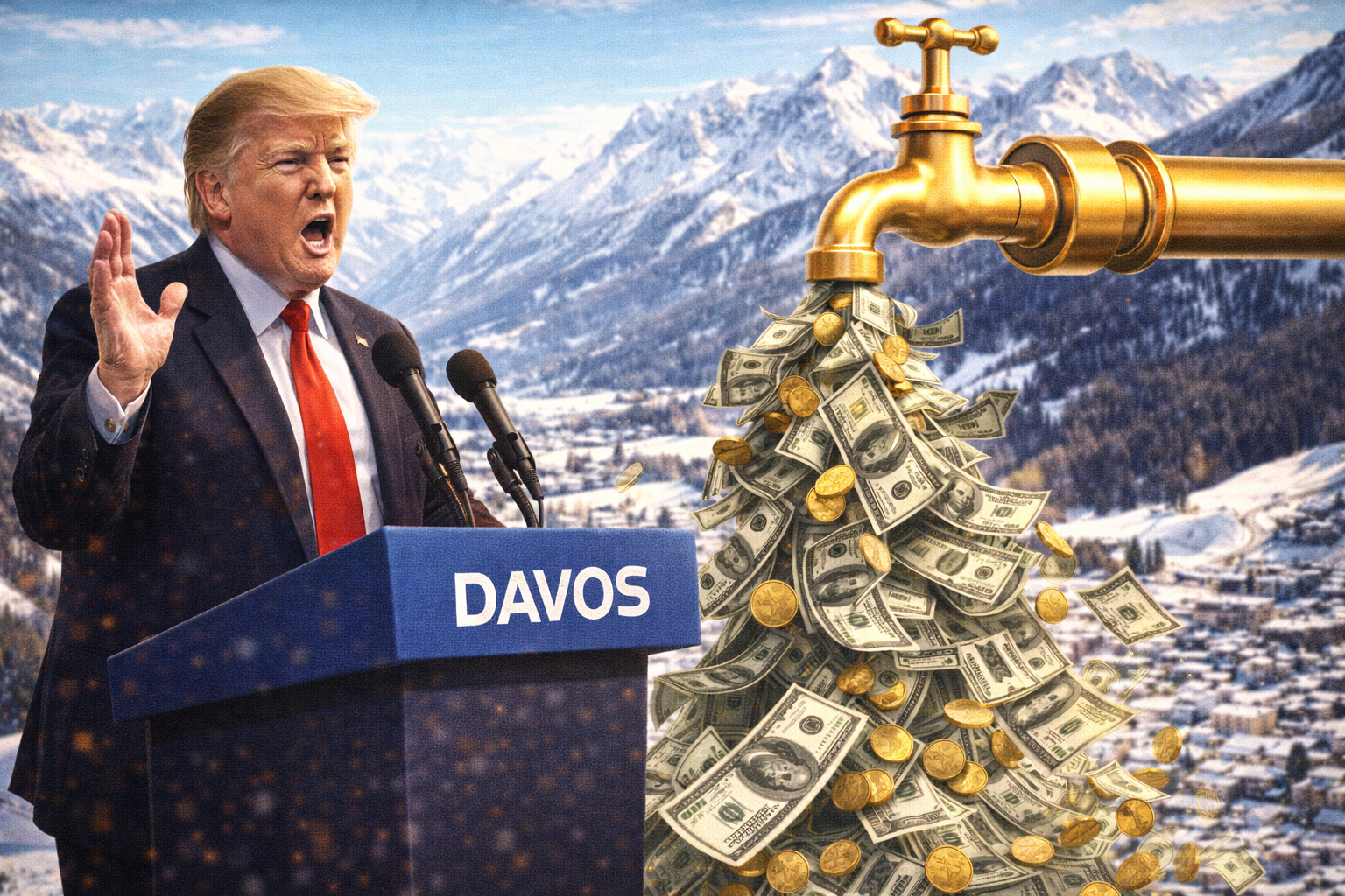 Trump dropping bundles of dollars from a helicopter, and city buildings below growing rapidly in an animation style.