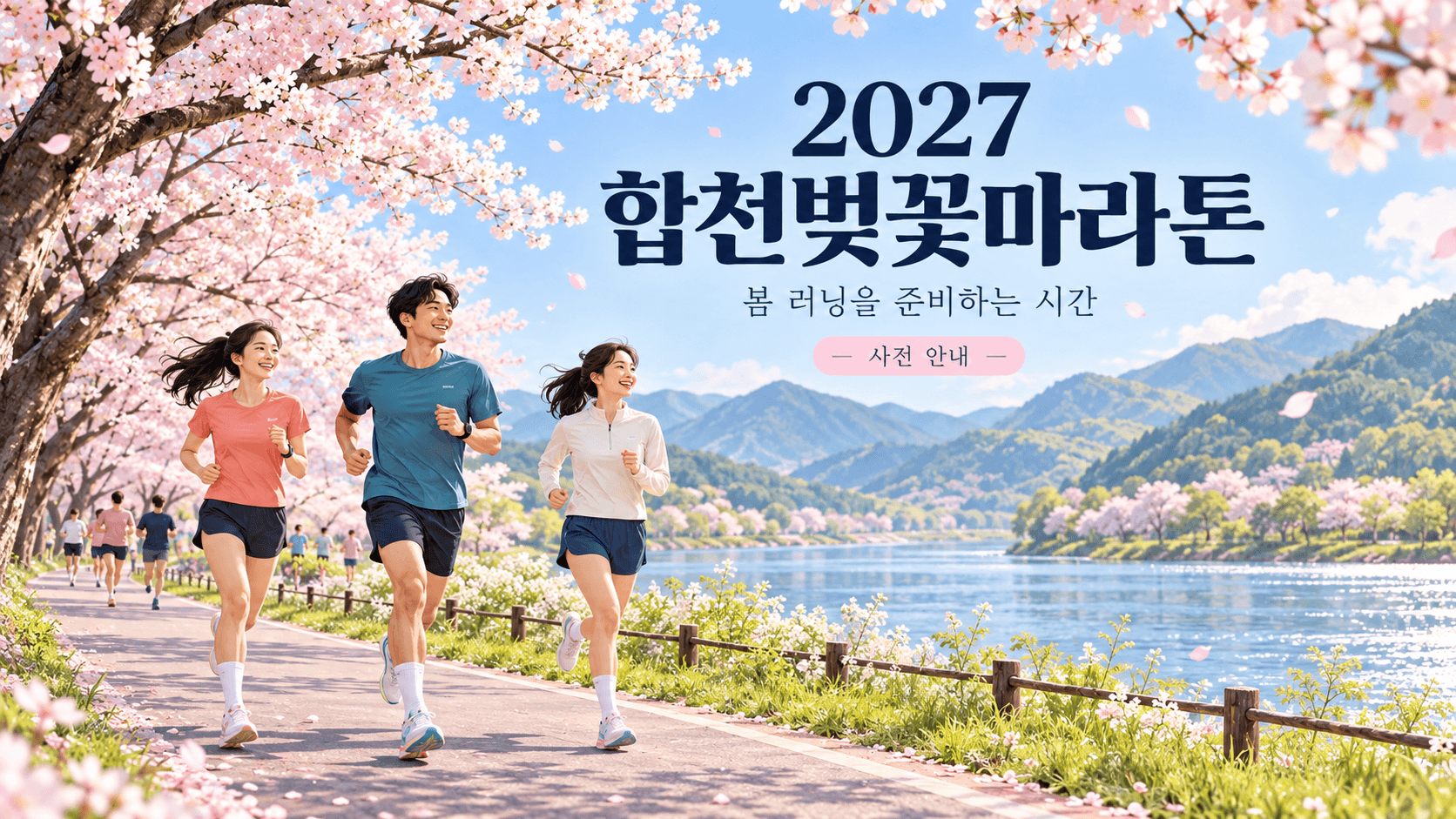 벚꽃이 핀 강변 길을 달리는 러너들을 담은 2027 합천벚꽃마라톤 사전 안내 일러스트.
