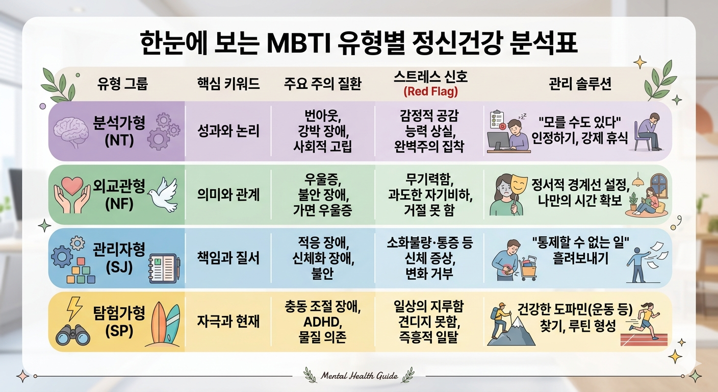 MBTI 분석가형, 외교관형, 관리자형, 탐험가형 유형에 따라 주의해야 하는 정신건강 주요 질환과 관리 솔루션을 표로 정리해 보았다
