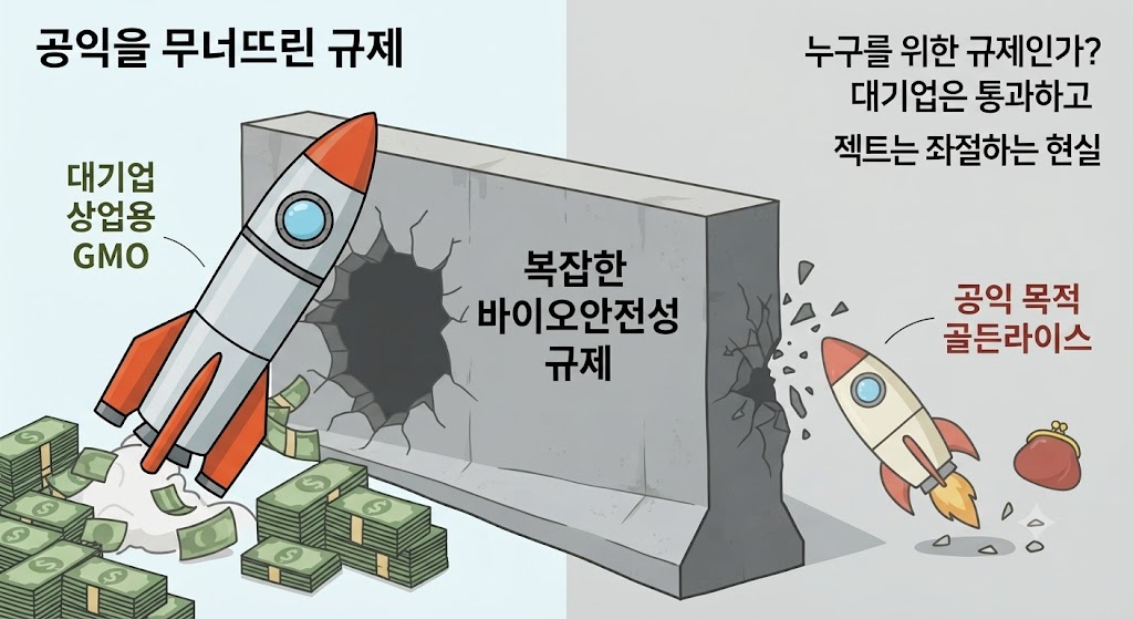 대형 기업은 수십억 원의 규제 비용을 감당할 수 있지만 공익 목적의 공공 연구소에는 치명적으로 작용하는 '바이오안전성 심사의 역설'을 비교 도표로 정리했습니다. 기술보다 제도와 신뢰가 성패를 가른다는 메시지를 깔끔하게 매듭짓습니다.