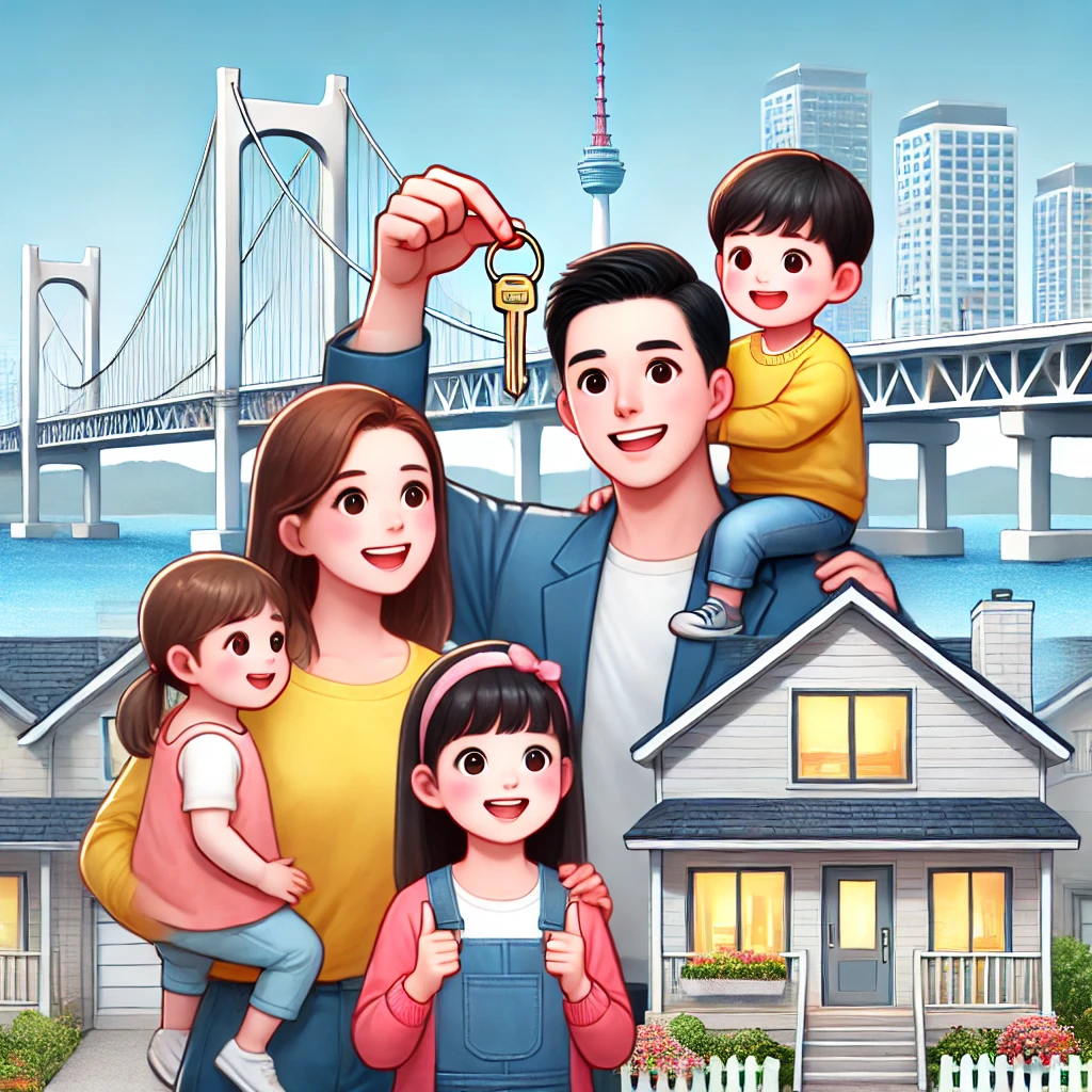 부산의 랜드마크를 배경으로, 다자녀 가족이 무료 주택 키를 받으며 기뻐하는 모습을 담았습니다