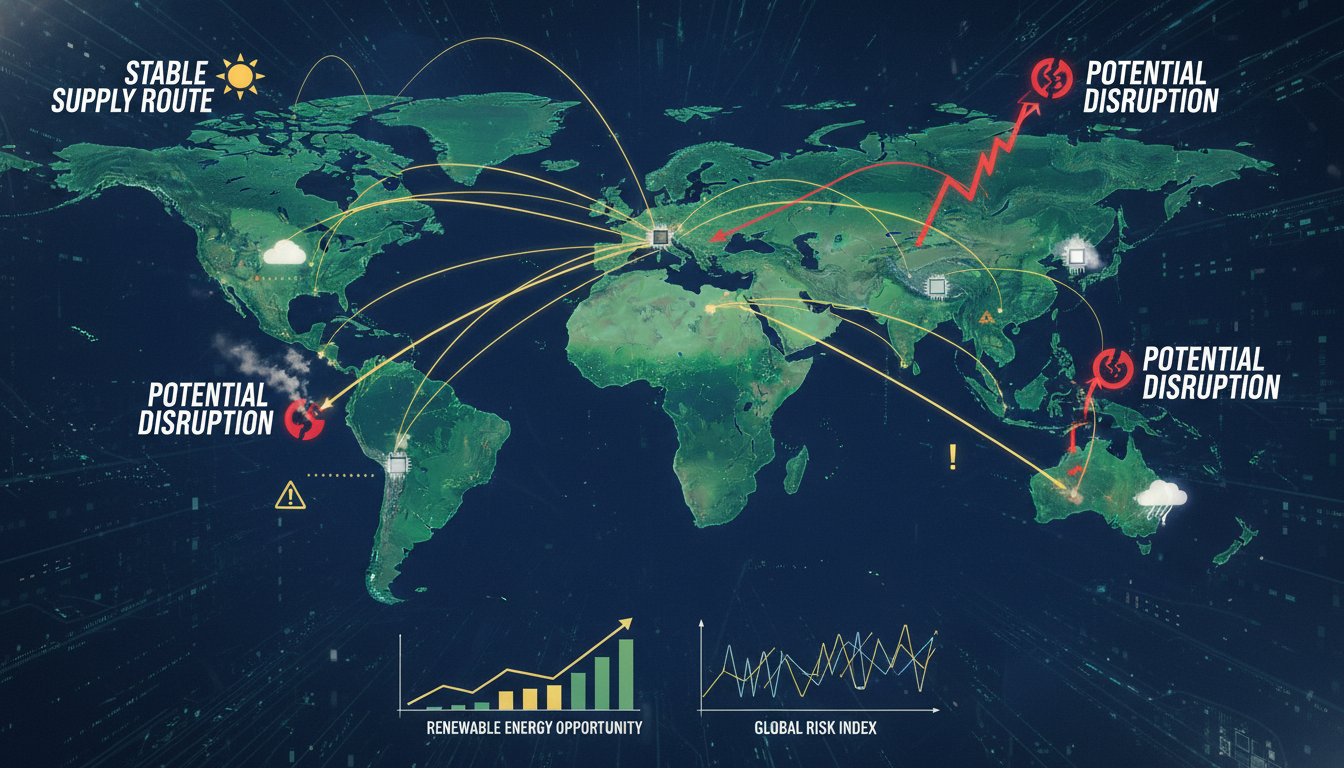 2026년 태양광 원자재 공급망의 안정성과 잠재적 위험 요소를 시각화한 세계 지도.