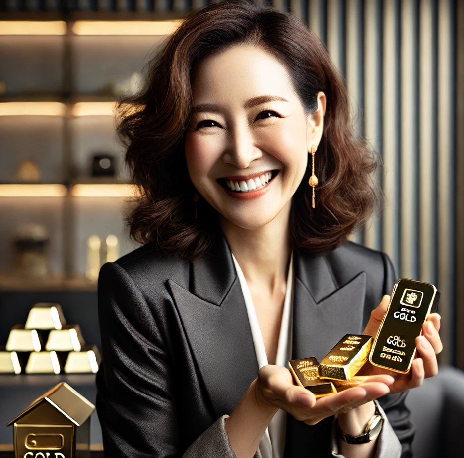 금 ETF를 투자하며 기뻐하는 40대 여성