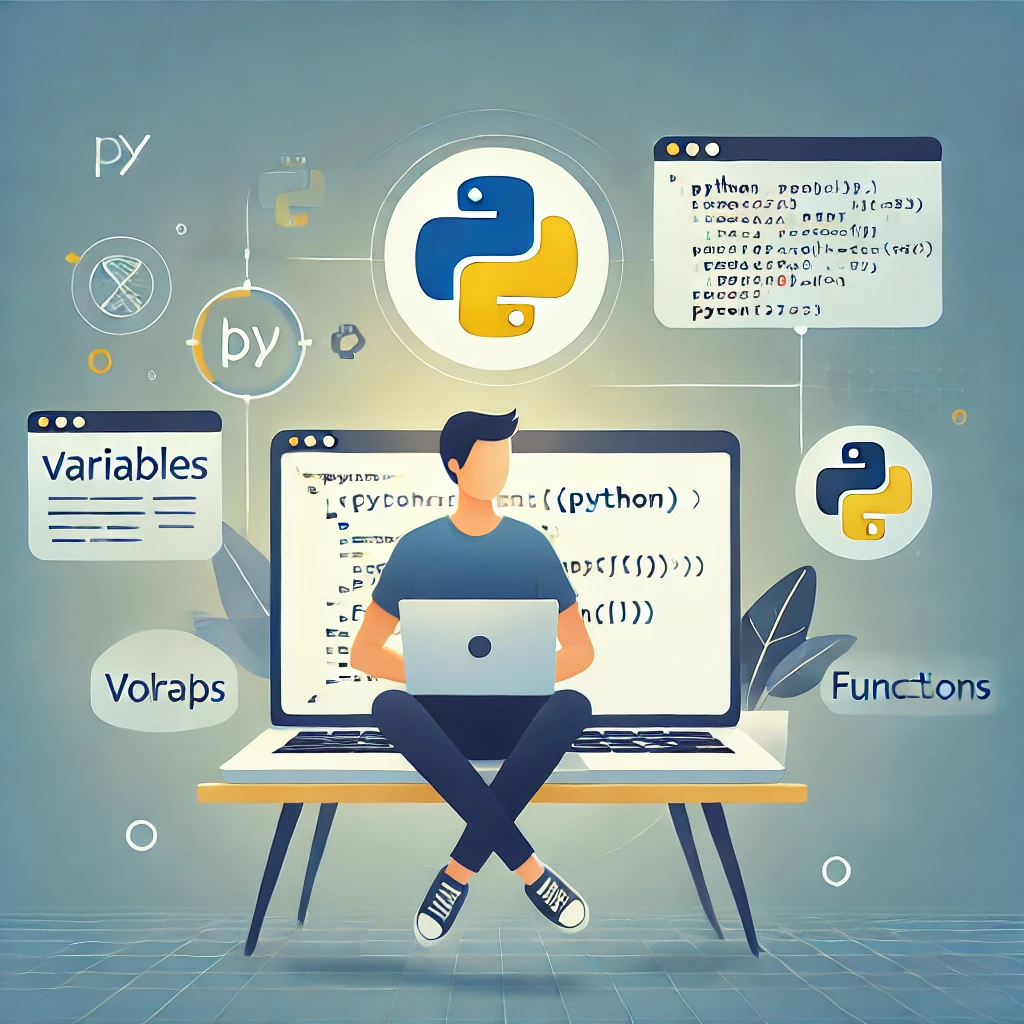 Python 프로그래밍을 배우는 초보자를 위한 이미지입니다. Python 코드가 보이는 화면과 변수, 반복문, 함수 같은 개념이 시각적으로 표현되었습니다.