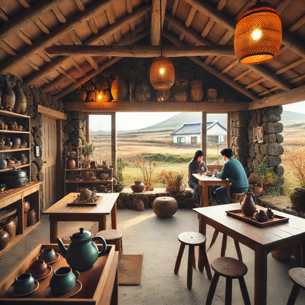 제주도 전통 돌집에 위치한 작은 매력적인 카페. 낮은 돌담과 나무 지붕이 있는 카페 내부는 소박한 나무 테이블과 수제 도자기, 따뜻한 조명으로 장식되어 있으며, 손님들이 차와 커피를 마시며 평화롭고 아늑한 분위기를 즐기고 있음. 카페는 화산암과 전통 제주 식물로 둘러싸인 들판을 내려다보고 있음.