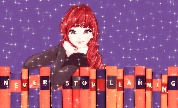 보라색 바탕에 수많은 책들이 있고 책 위에 팔을 괸채 정면을 보며 미소짓는 긴 갈색머리 여학생이 있는 그림이다.