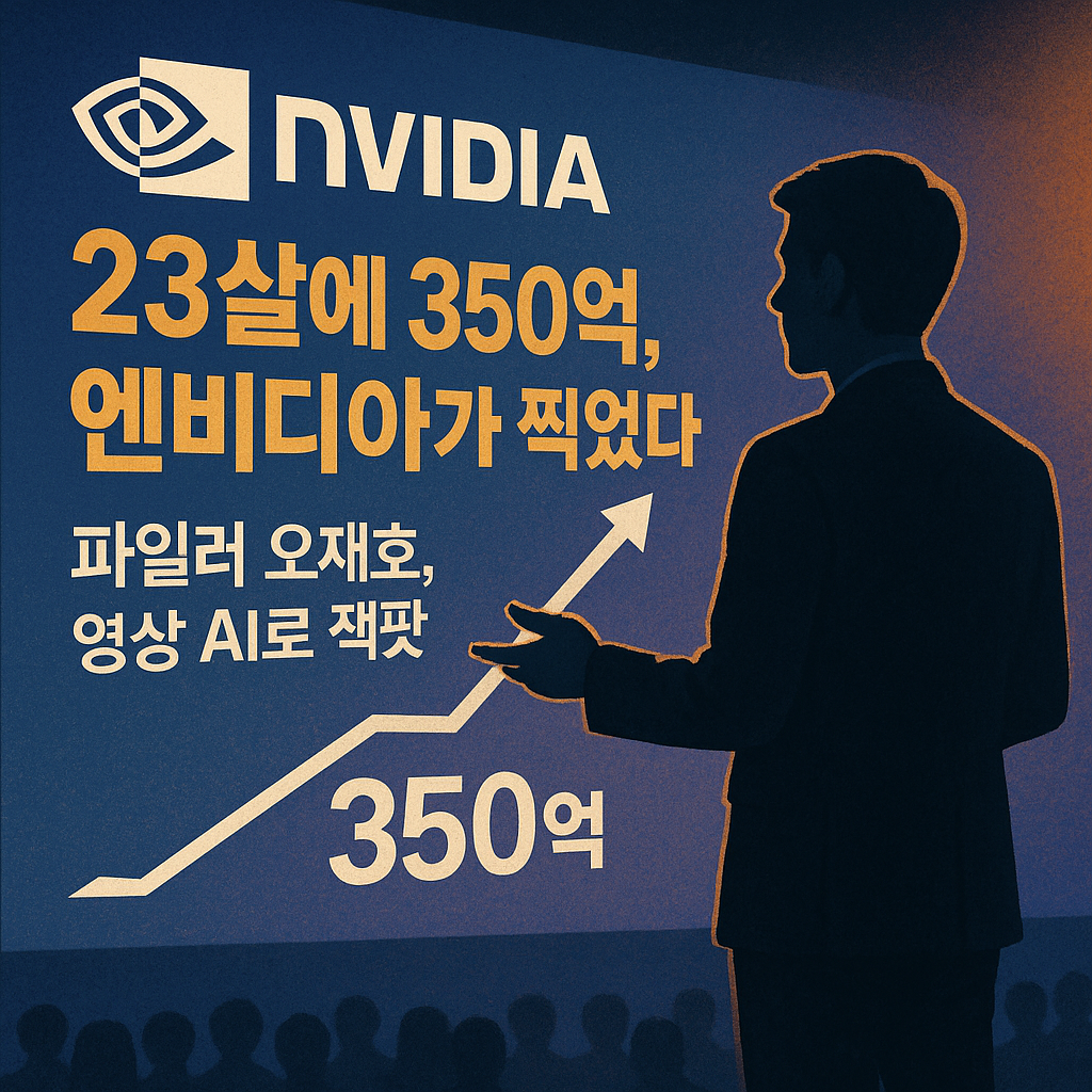 엔비디아 행사 무대에서 프레젠테이션 하는 20대 남성 스타트업 대표와 350억 투자 규모를 강조한 그래픽 썸네일 일러스트