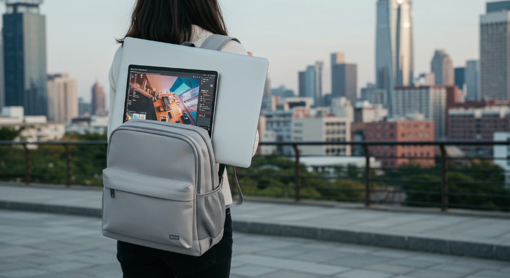 2025년형 초경량 17인치 노트북을 메고 도시를 걷는 사람의 뒷모습. 노트북은 백팩에 깔끔하게 수납되어 있으며, 휴대성과 이동의 편리함을 시각적으로 강조한다.