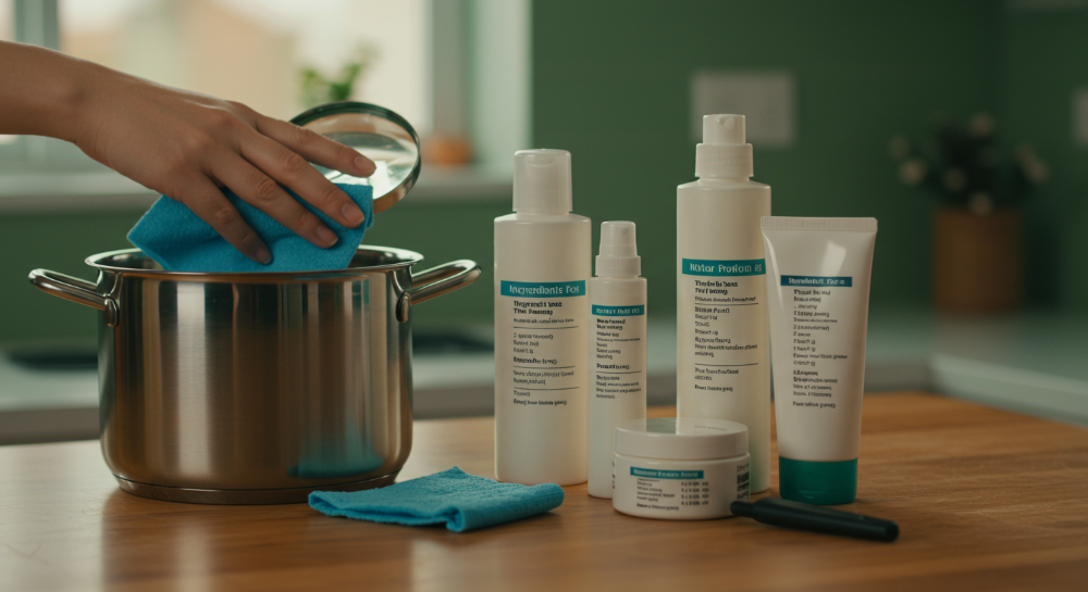 스테인리스 조리기구 연마제 제거와 화장품 유해 성분을 확인하는 소비자의 모습