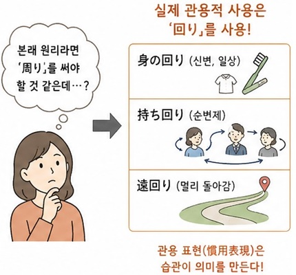 일본어 관용 표현에서 回り 사용 예 &mdash; 身の回り(みのまわり), 持ち回り(もちまわり), 遠回り(とおまわり) 의미 설명