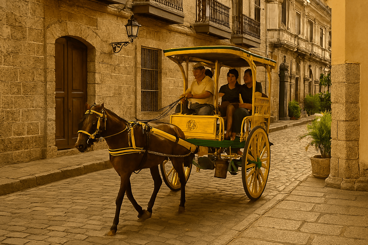 전통 마차인 칼레사를 타고 고풍스러운 마닐라 인트라무로스 거리를 즐기는 필리핀여행객들의 모습. 이색적인 체험을 선사한다.