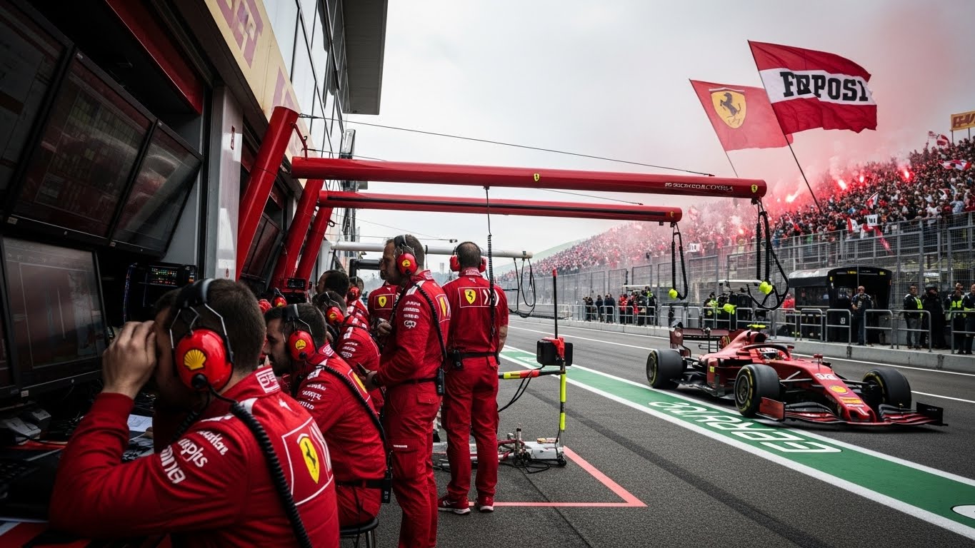 F1 스쿠데리아 페라리 피트 월의 긴장감과 티포시들의 열광적인 응원 모습