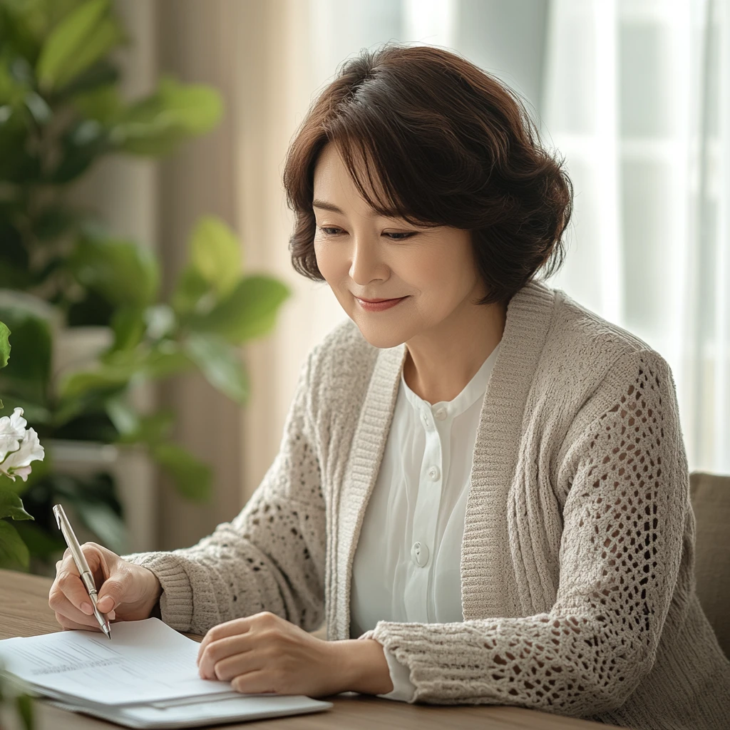 지역가입 조건을 체크리스트로 정리하는 중년 여성