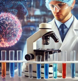 최첨단 연구소에서 AI를 활용한 신약개발 연구 중인 과학자