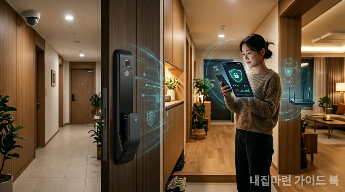 한국 스마트홈의 강화된 보안 시스템을 보여주는 스마트 도어락, 보안 카메라, 스마트폰 앱 화면