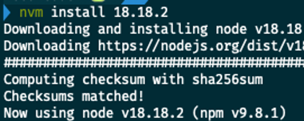nvm install 18.18.2 명령어 실행 후 설치 완료된 화면