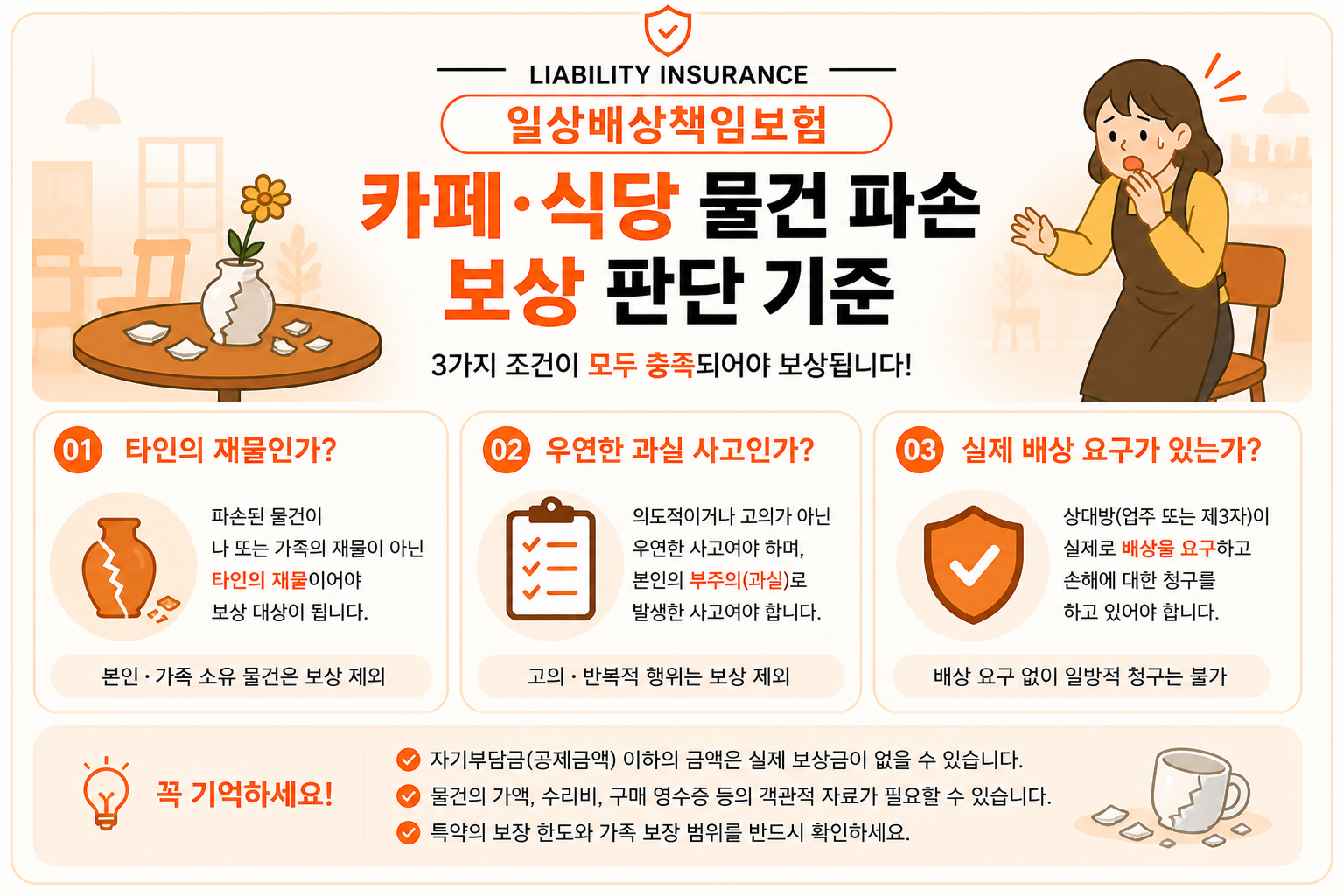 카페나 식당에서 물건 파손 시 일상배상책임보험 보상 여부를 판단하는 핵심 기준 3가지를 정리한 이미지
