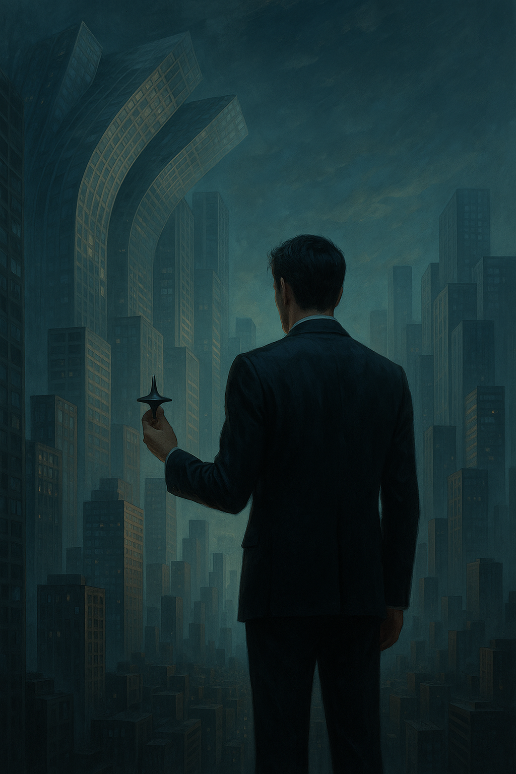 하늘로 뒤틀려 올라가는 건축물들이 펼쳐진 도시 배경 앞에, 정장을 입은 남성이 팽이를 손에 든 채 서 있다. 도시의 기하학적 왜곡과 어둡고 몽환적인 조명이 꿈과 현실의 경계를 모호하게 만든다.