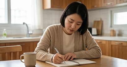 엄마가 노트에 아이 관찰 내용을 메모하는 모습