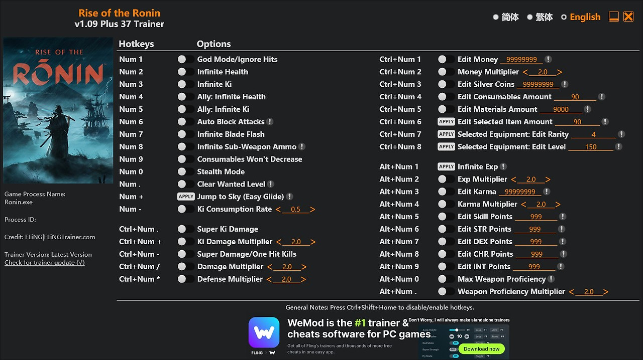 Rise of the Ronin v1.09 Plus 37 Trainer