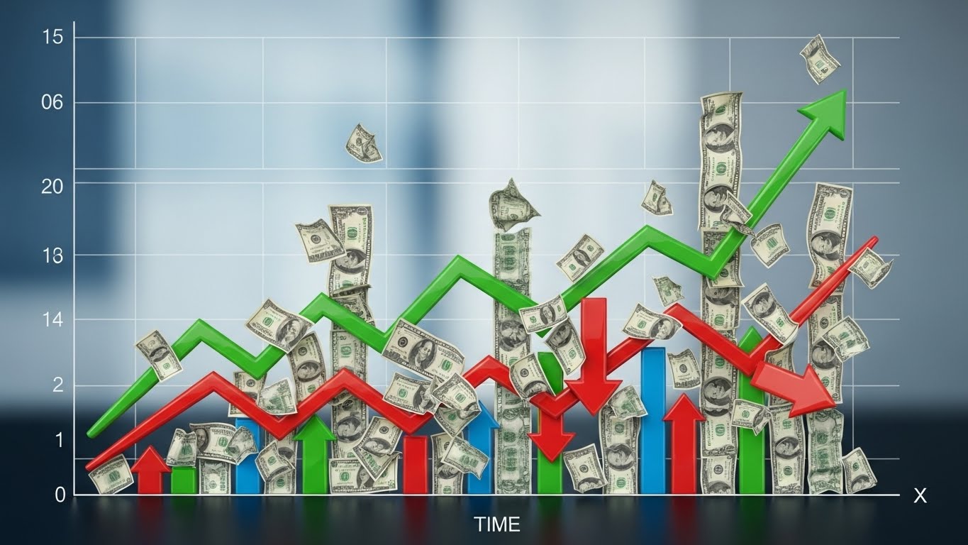달러 지폐와 상승 하락을 나타내는 화살표 그래프
