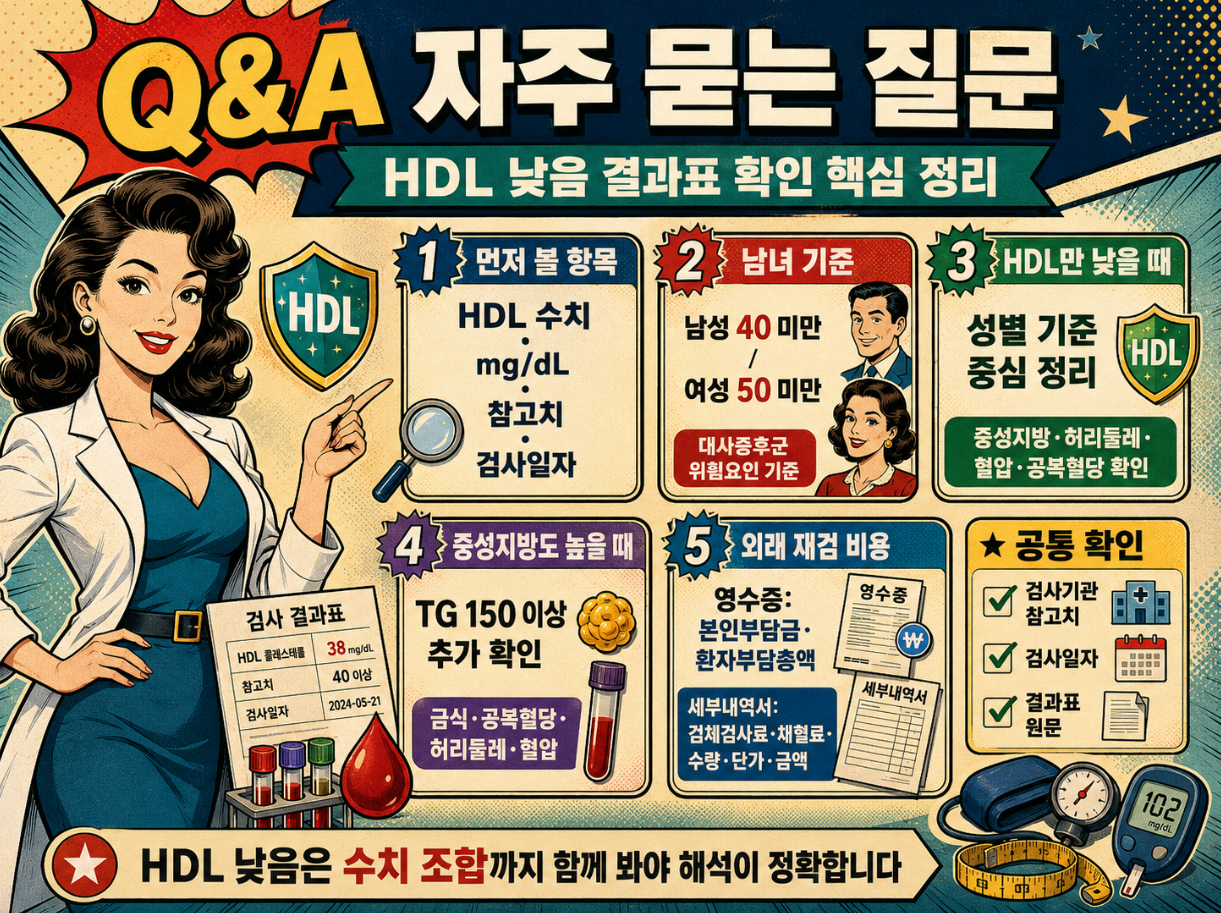 HDL 낮음 결과표 확인에 대한 자주 묻는 질문과 성별 기준, 중성지방, 외래 재검 비용을 요약한 Q&amp;A 인포그래픽