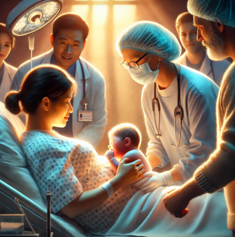 출산한 산모와 아기와 의료진 이미지