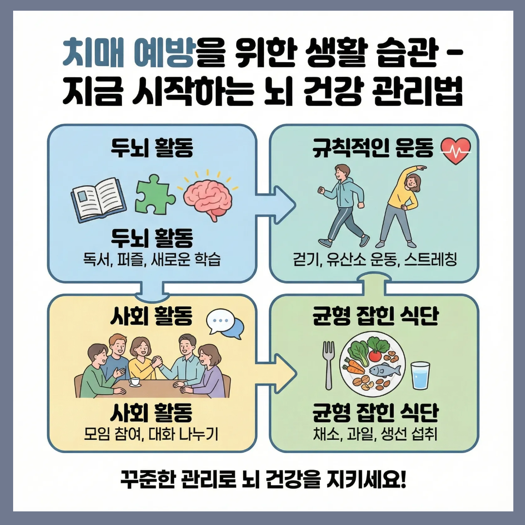 치매 예방을 위한 생활 습관을 정리한 이미지, 두뇌 활동, 운동, 식단, 사회 활동 강조