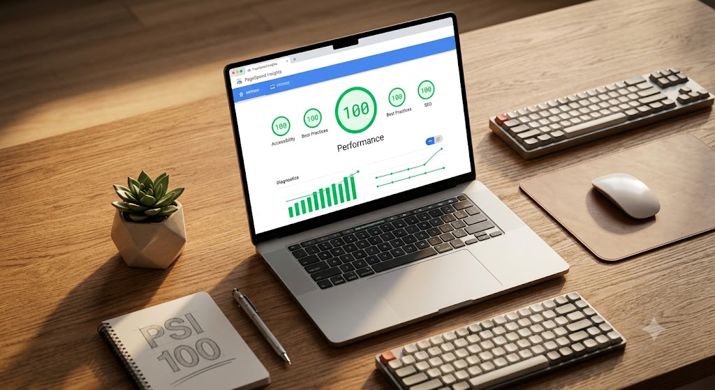 정갈한 원목 데스크 위 노트북 화면에 구글의 공식 웹 성능 측정 도구인 PageSpeed Insights 스코어가 초록색 불빛과 함께 100점 만점으로 통과된 최적화 대시보드가 구동 중인 모습. 완벽한 워드프레스 기술적 SEO 아키텍처를 직관적으로 표현한 8k 초고해상도 사진.