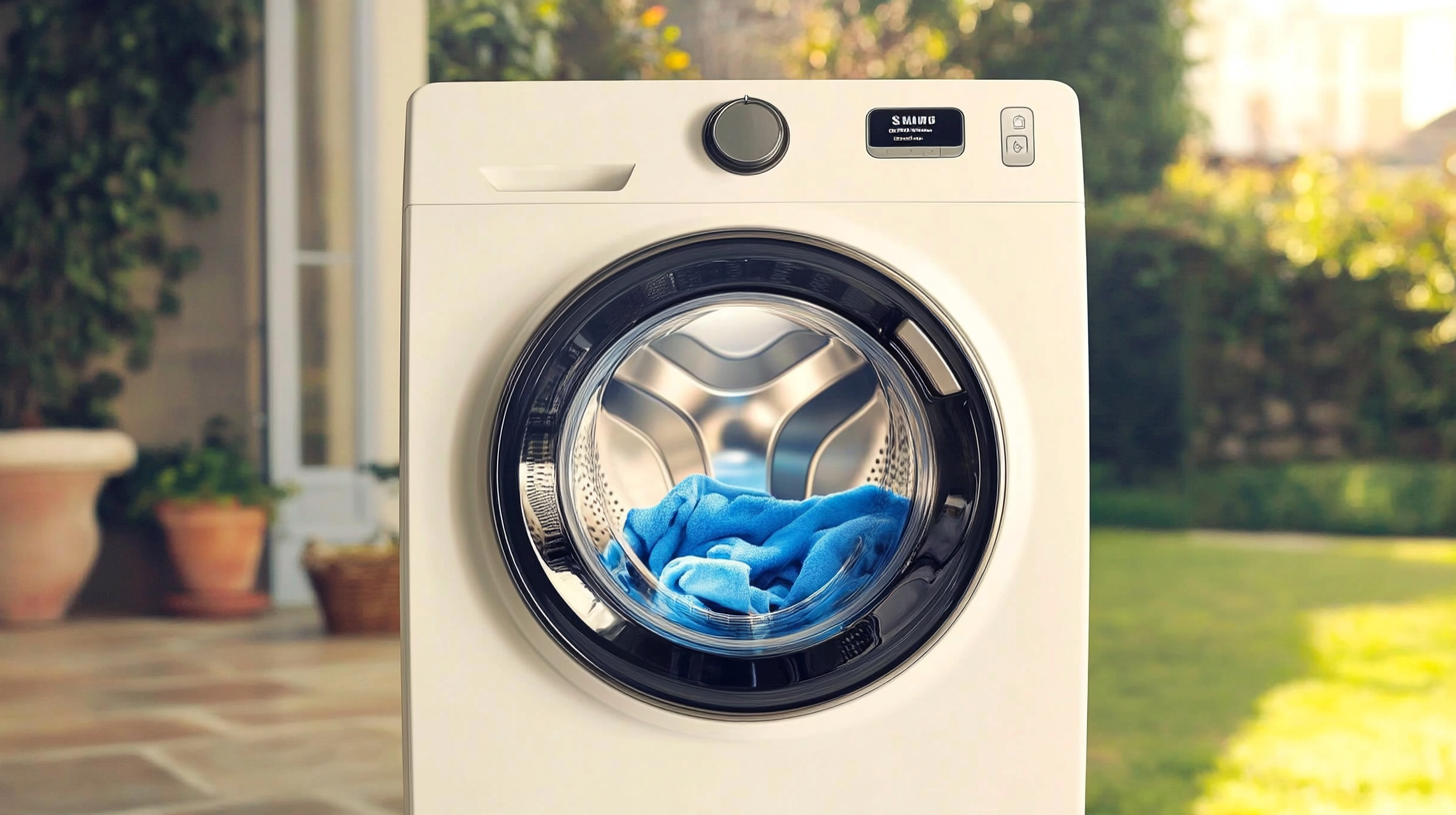 늦은 저녁, 4중 진동 저감 장치로 조용히 작동하고 있는 삼성 세탁기. 따뜻하고 부드러운 조명이 비치는 가정적이고 아늑한 환경.