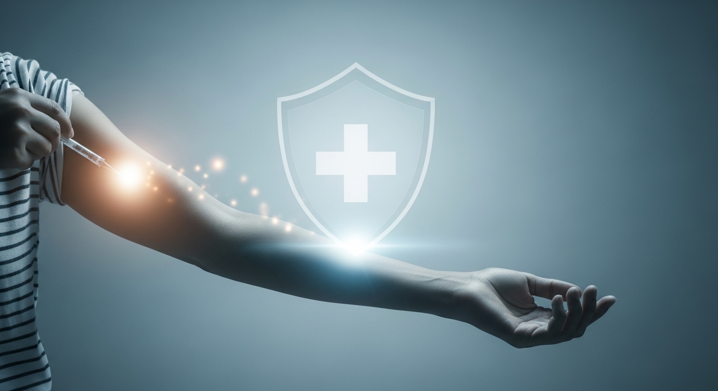 푸른색 배경에 보호의 상징을 띄는 대상포진 예방접종을 연상시키는 이미지