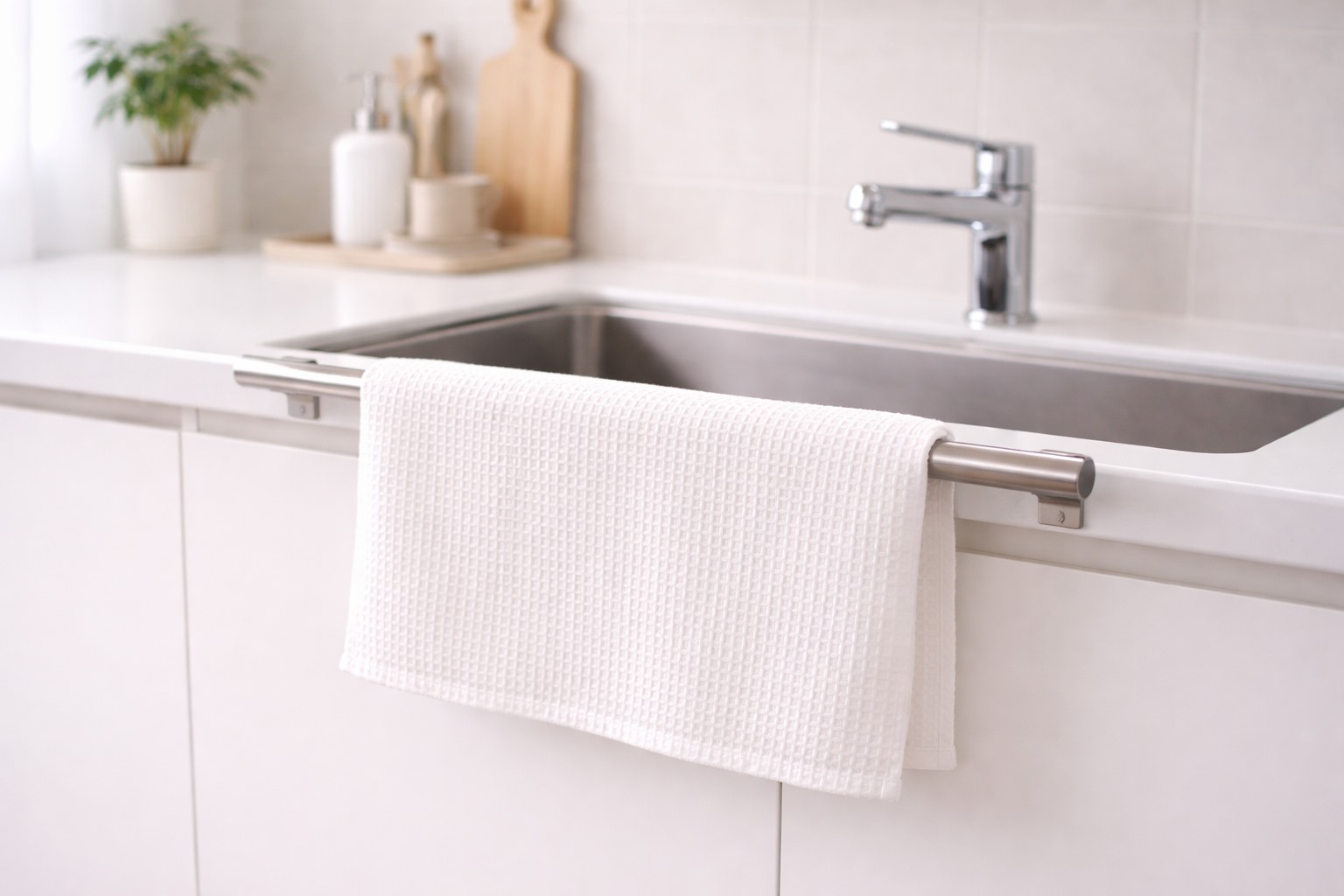 행주 냄새를 줄이는 세탁과 건조 방법을 설명하는 말리는 행주 이미지