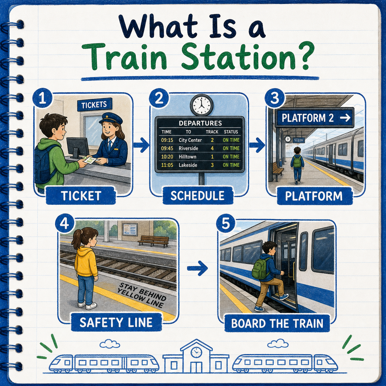 Infographic explaining train station, ticket, platform, schedule, and boarding