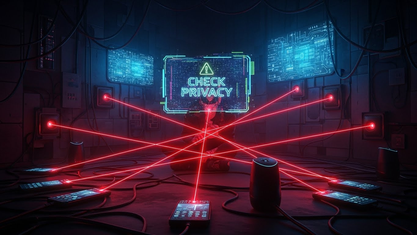 일상 속 AI 기기들이 사용자의 데이터 설정을 점검해야 함을 알리는 보안 경고 시각화 이미지