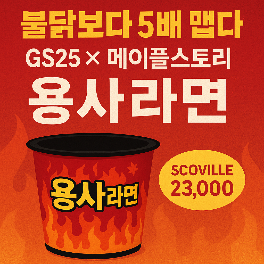 &ldquo;불닭보다 5배 맵다! GS25 &times; 메이플스토리 용사라면&rdquo; 문구와 &lsquo;SCOVILLE 23,000&rsquo; 배지가 들어간 붉은 불꽃 배경의 썸네일. 중앙에는 불꽃 패턴의 컵라면 일러스트와 &lsquo;용사라면&rsquo; 텍스트가 크게 배치되어 극강 매운맛 신제품을 강조한 디자인.
