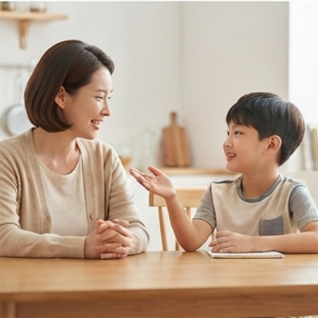 엄마와 아이가 마주 앉아 이야기 나누는 모습