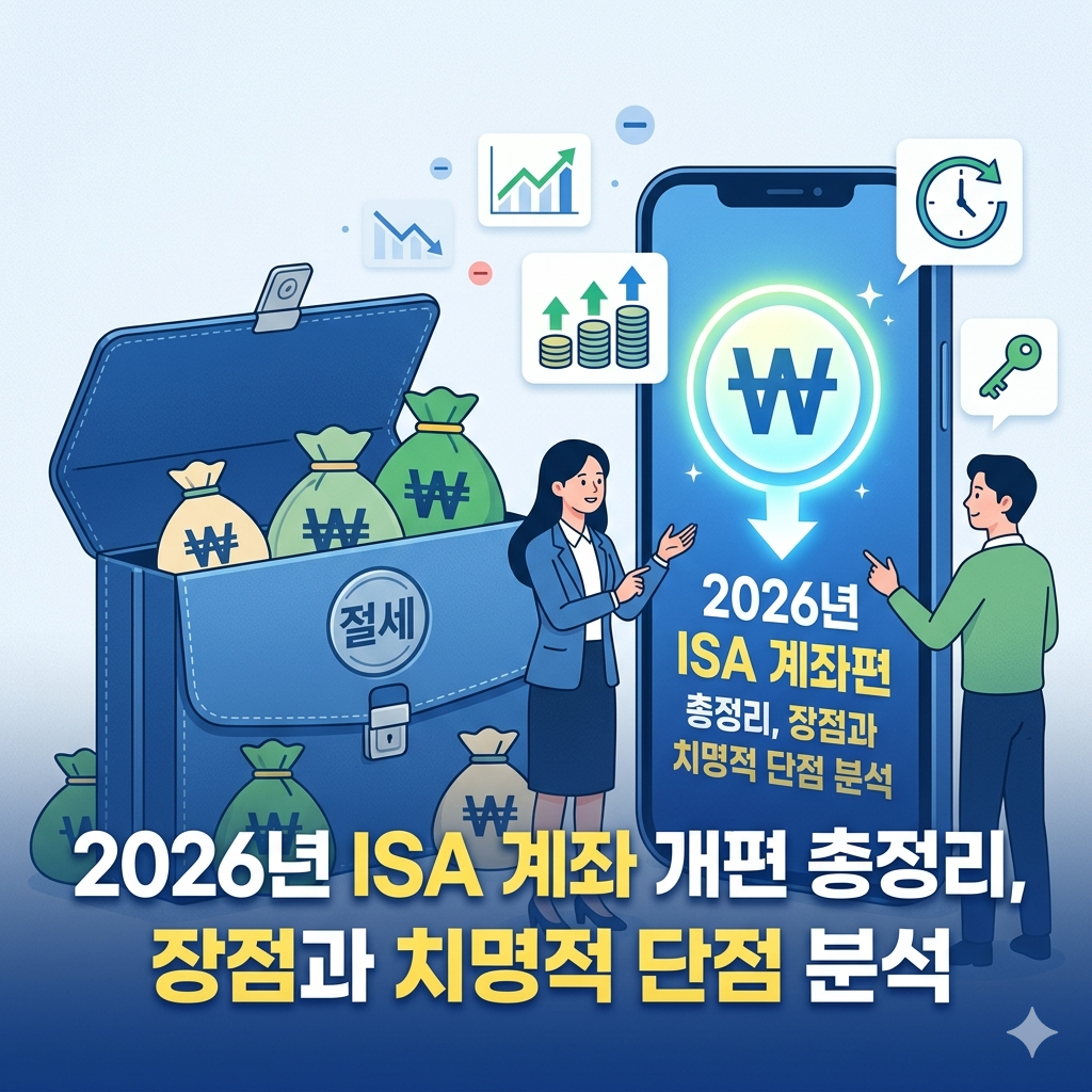 "파란색 서류 가방과 절세 마크가 그려진 스마트폰 화면 위에 '2026년 ISA 계좌 개편 총정리, 장점과 치명적 단점 분석'이라는 글씨가 깔끔하게 적혀 있는 재테크 이미지"