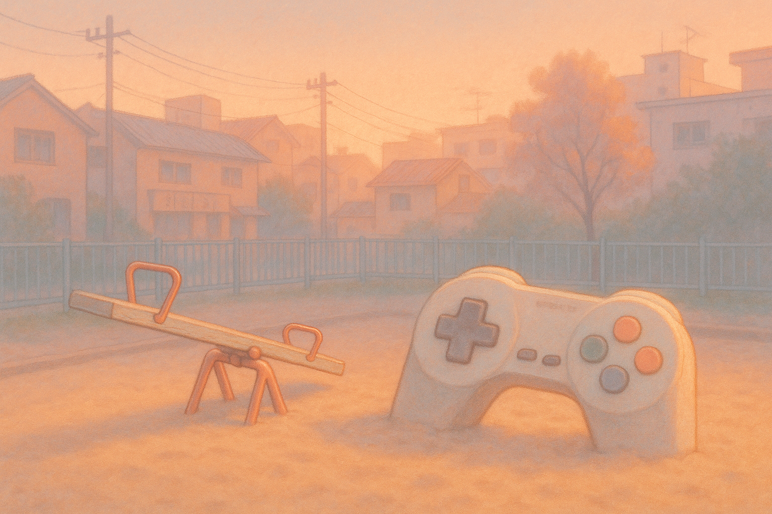 어릴 적 추억에 대한 은유 일러스트, 동네 놀이터, 시소, 게임기 컨트롤러