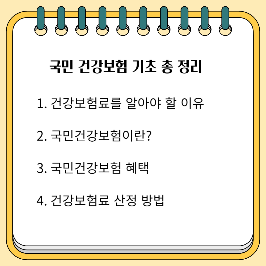 국민 건강보험 기초 총 정리 1. 건강 보험료를 알아야 할 이유 2.국민건강보험이란? 3. 국민건강보험 혜택 4.건강 보험료 산정방법
