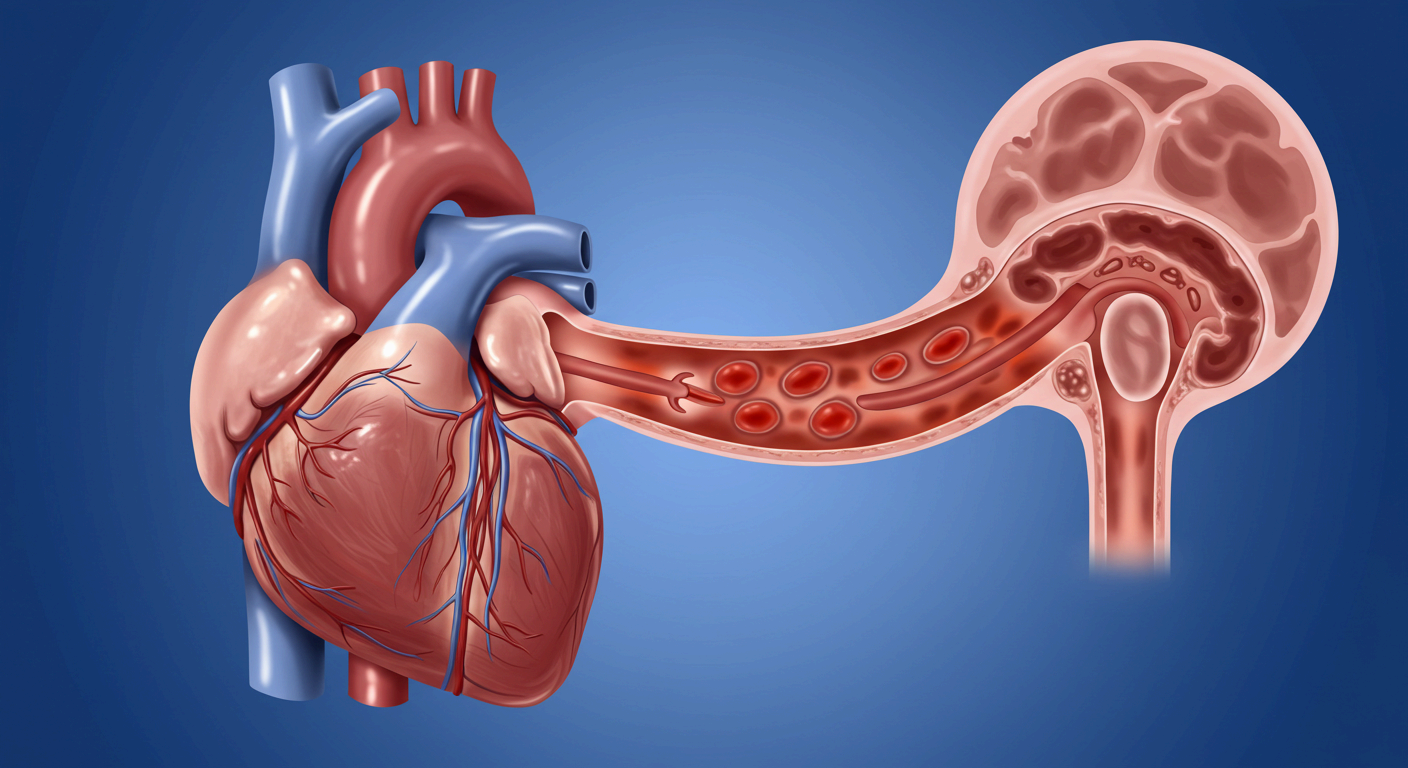 의학 일러스트로 표현된 심장과 혈관, 혈액이 흐르는 모습을 보여주며 심혈관 질환과 혈류 장애를 설명하는 이미지