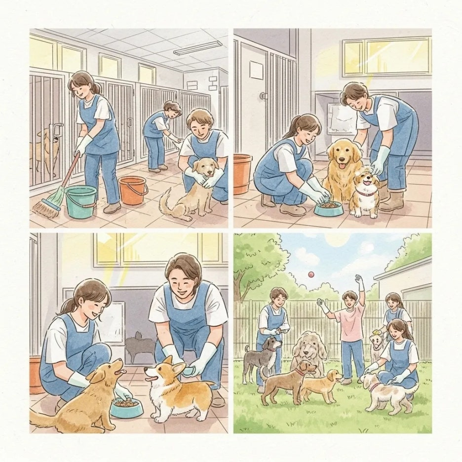 여러 봉사자들이 유기동물들을 돌보는 활기찬 모습