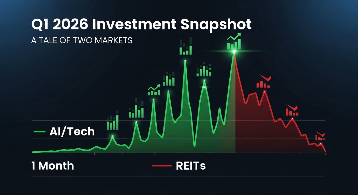 10월 ETF 시장의 극단적인 양극화 (AI vs 리츠)를 보여주는 충격적인 그래프. 2026년 1분기 계획표가 투명하게 겹쳐 있음